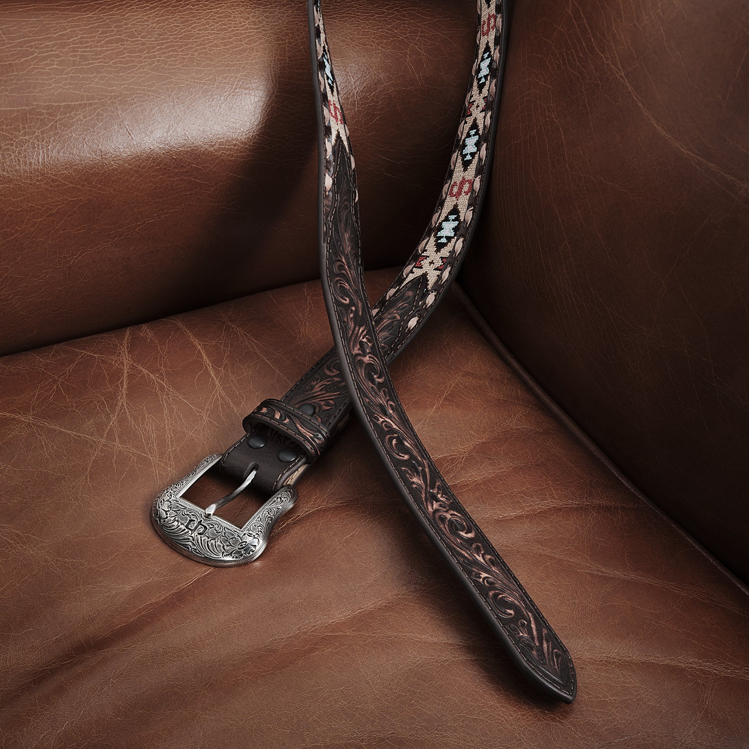 Hand-Tooled Embroidered Leather Belt