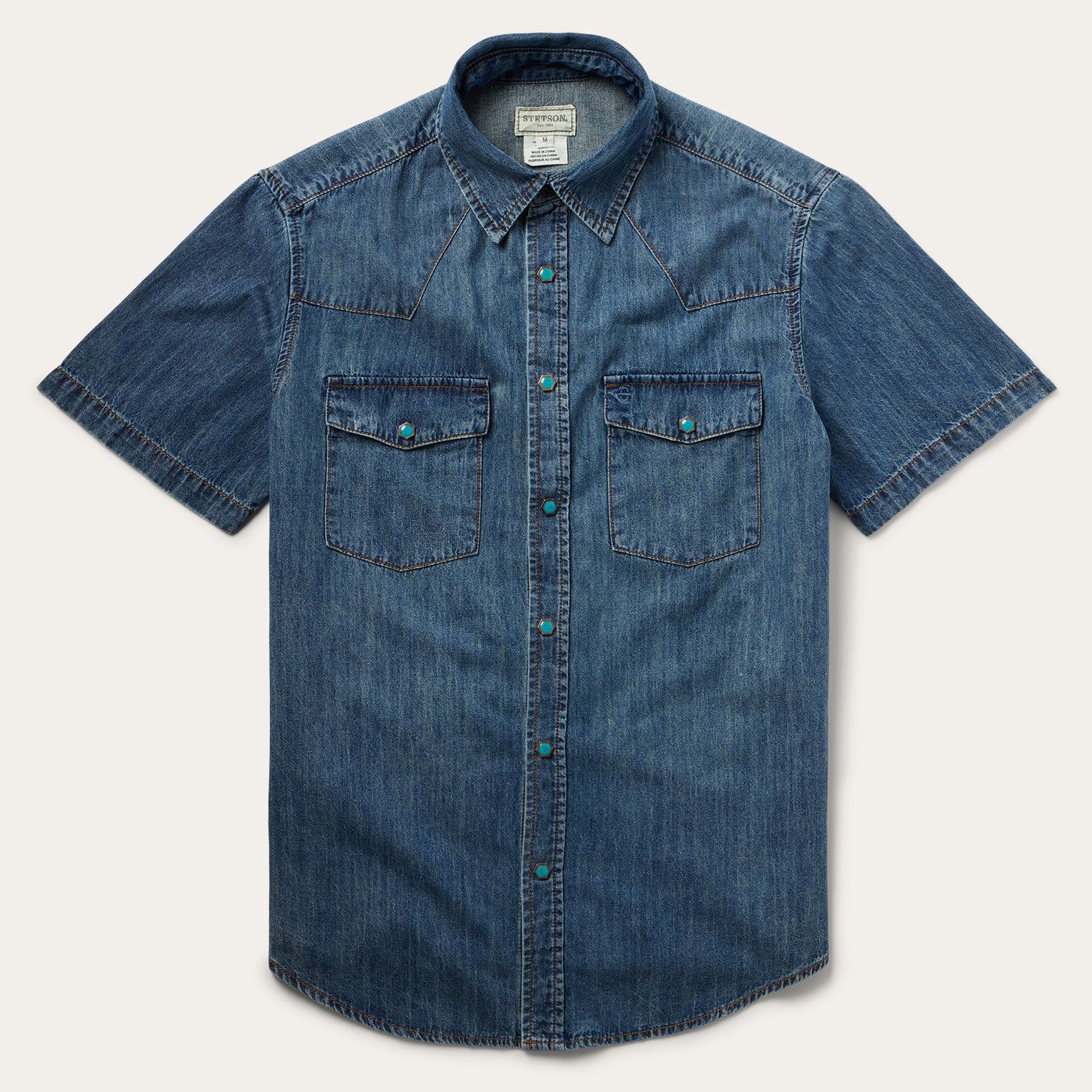 Turquoise Denim Snap Shirt - Casual Short Sleeve