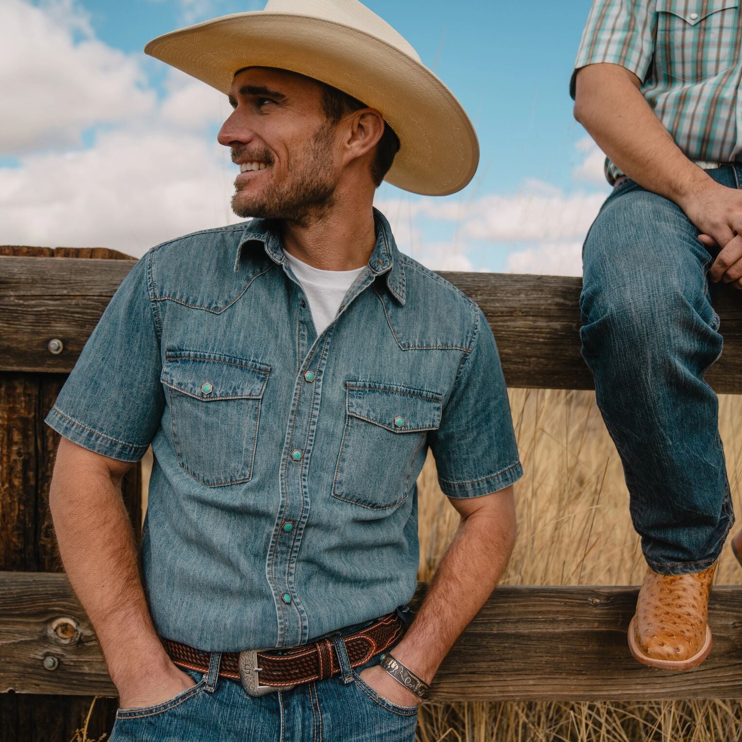 Turquoise Denim Snap Shirt - Casual Short Sleeve