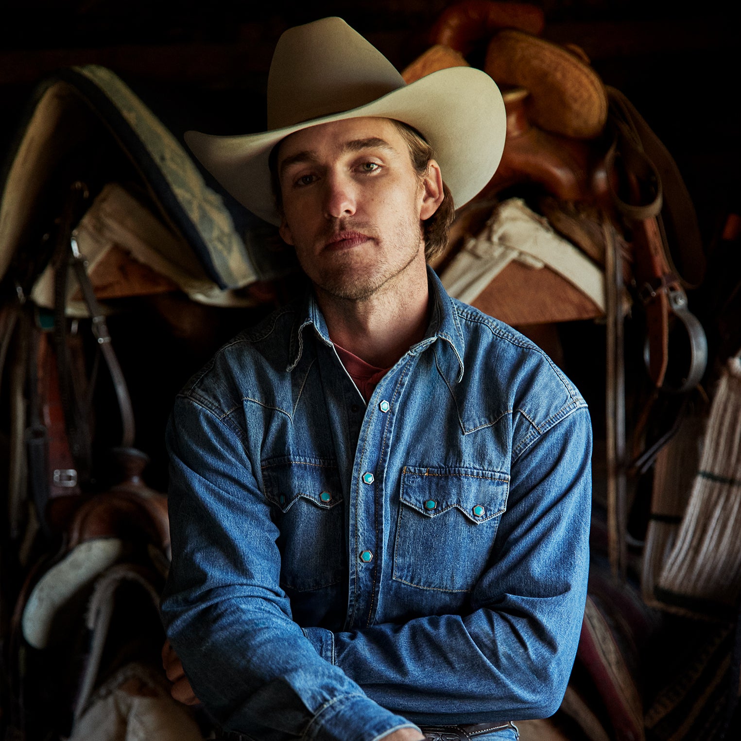 Western Denim Shirt in Turquoise Snap