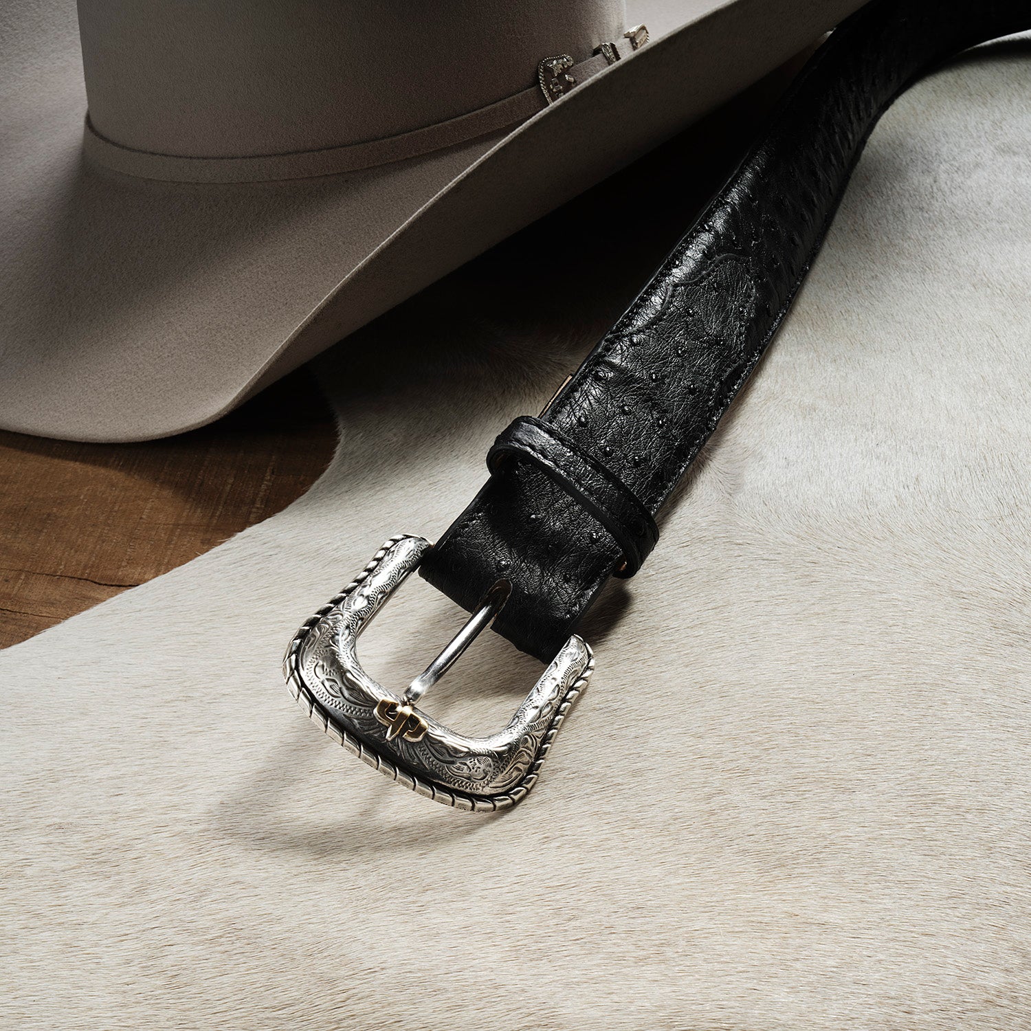 Western Ostrich Leather Tab Belt