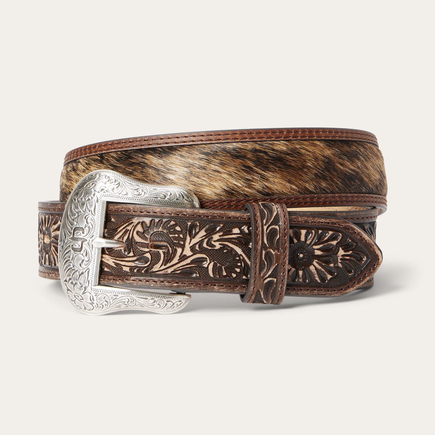 Hand-Tooled Leather Belt with Hair-On-Hide Trim