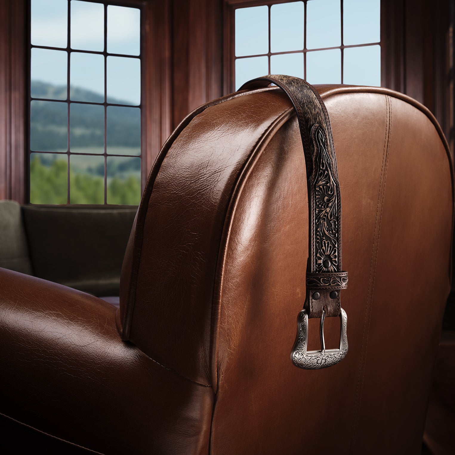 Hand-Tooled Leather Belt with Hair-On-Hide Trim