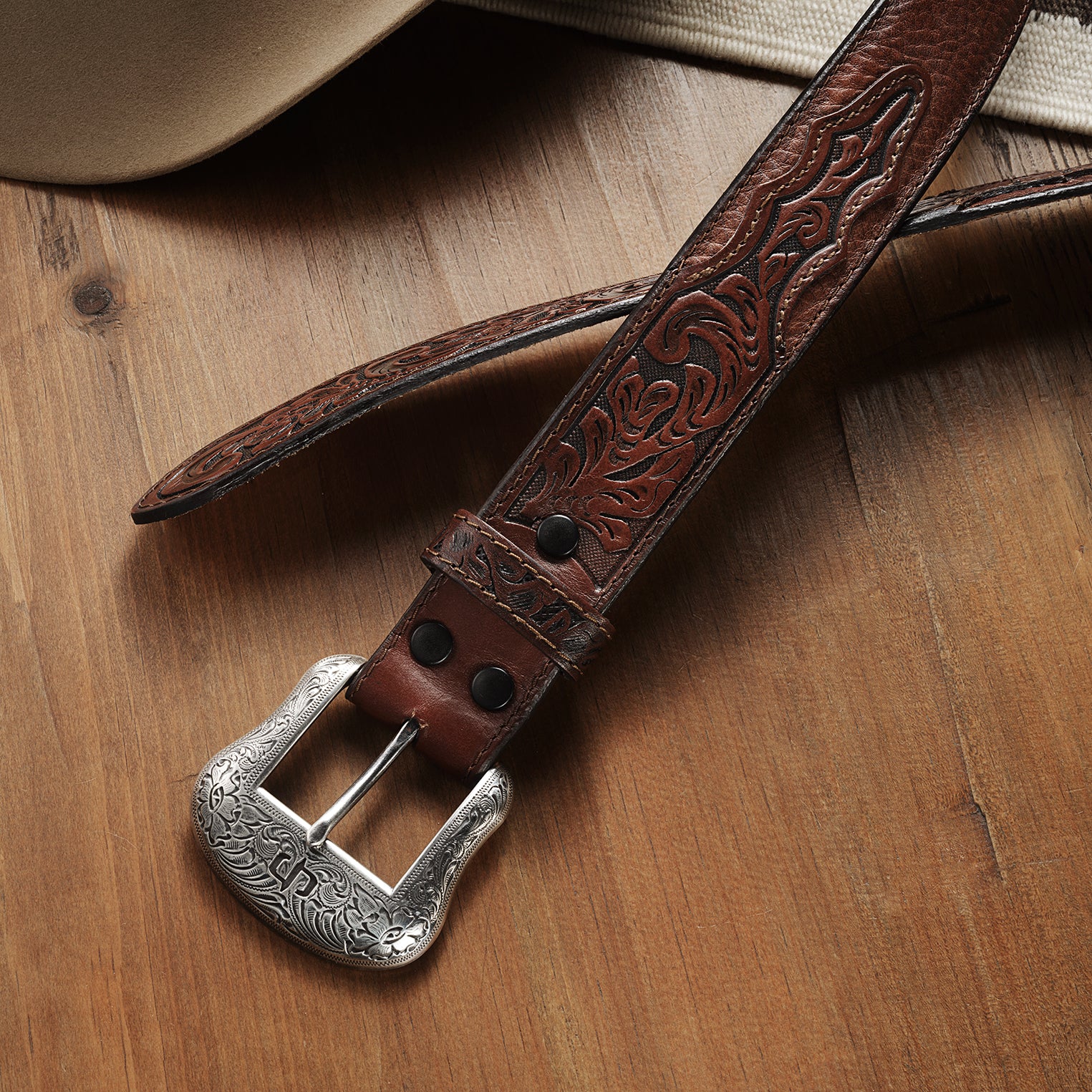Handcrafted Bison Leather Belt with Tooled Design
