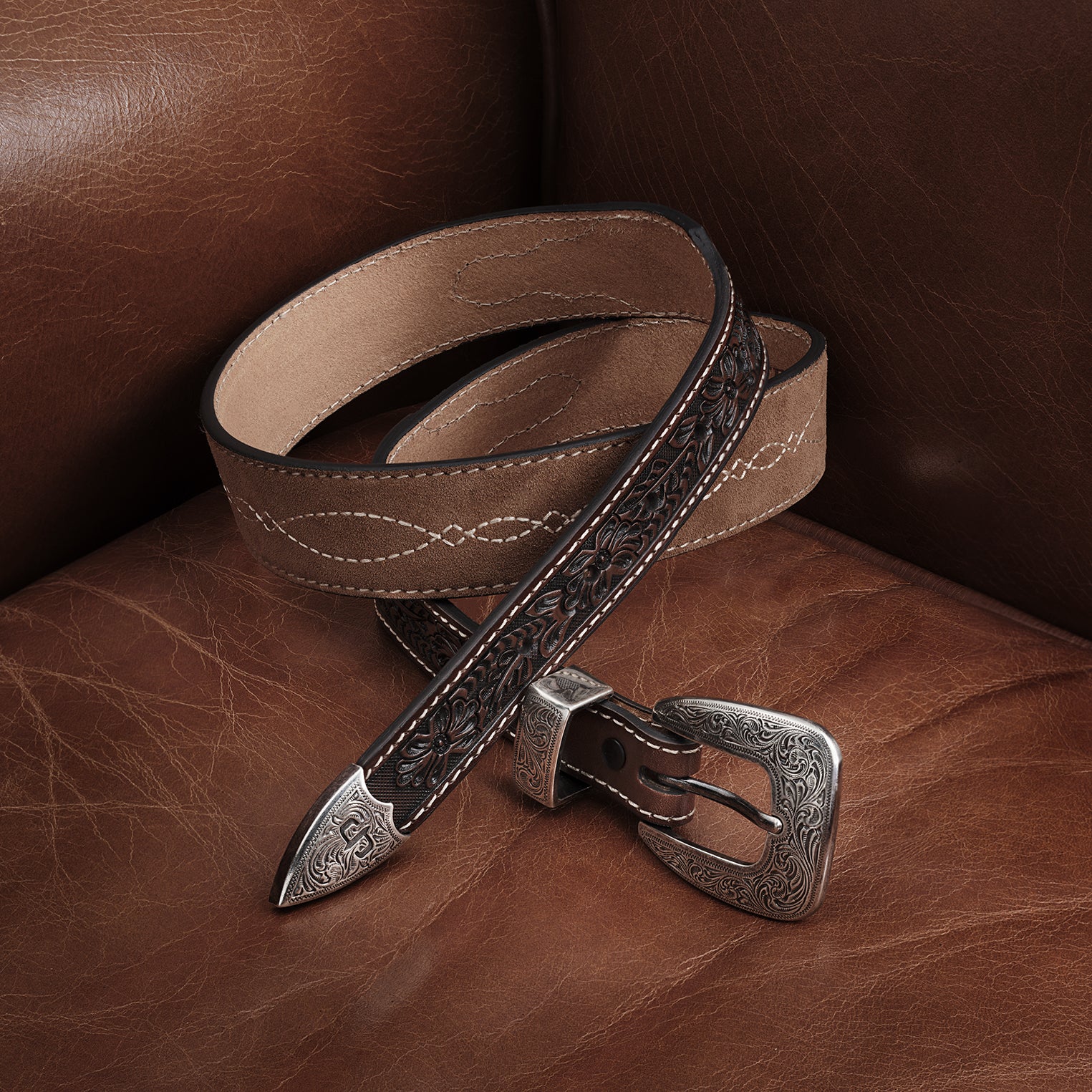 Stylish Tooled Leather Tapered Belt