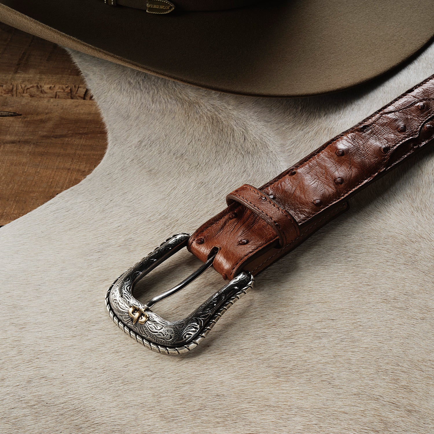 Western Ostrich Leather Tab Belt