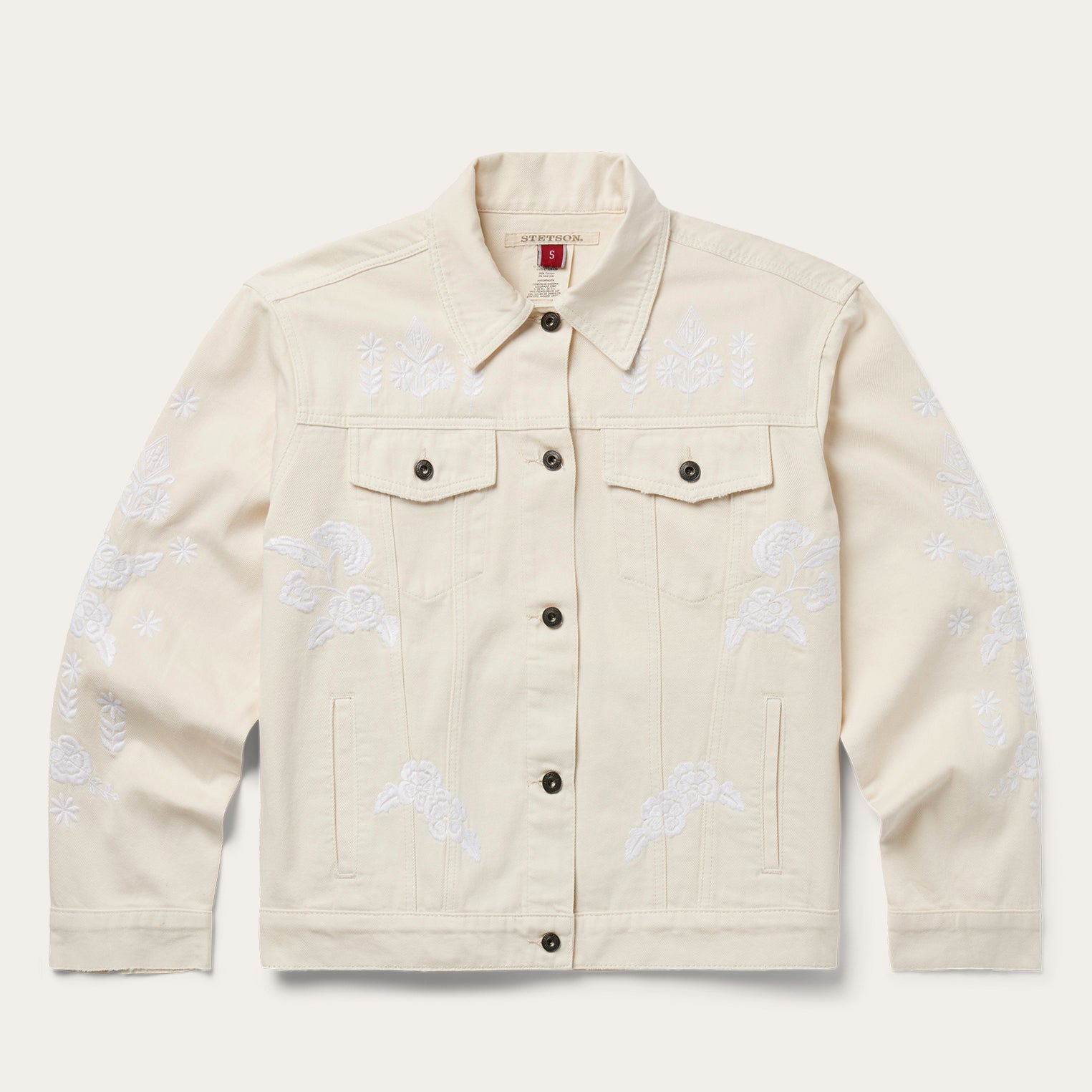 Cream Embroidered Denim Jacket for Women