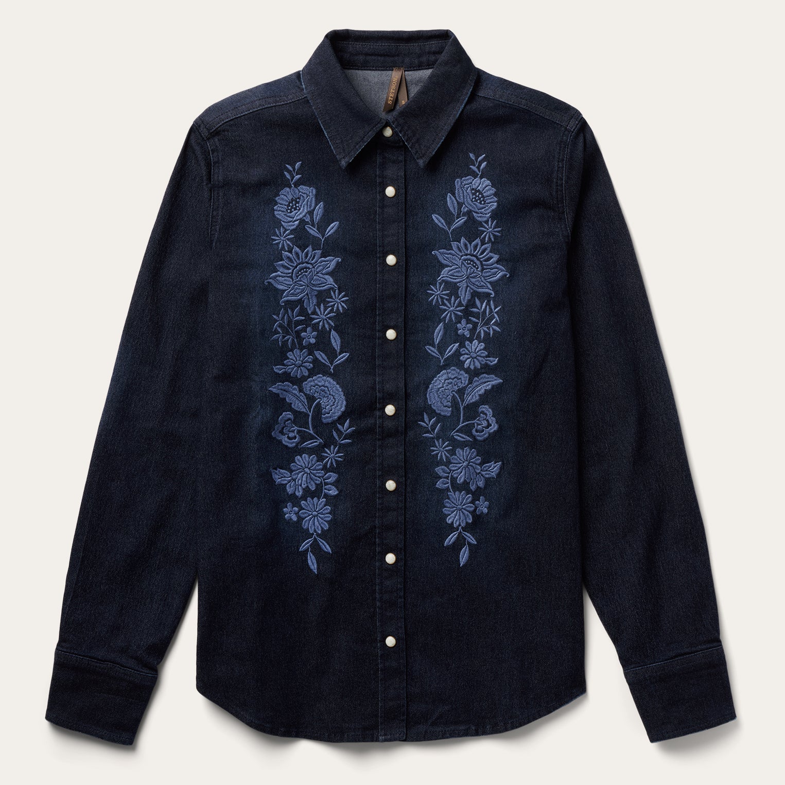 Dark Denim Snap Front Shirt with Embroidered Detail