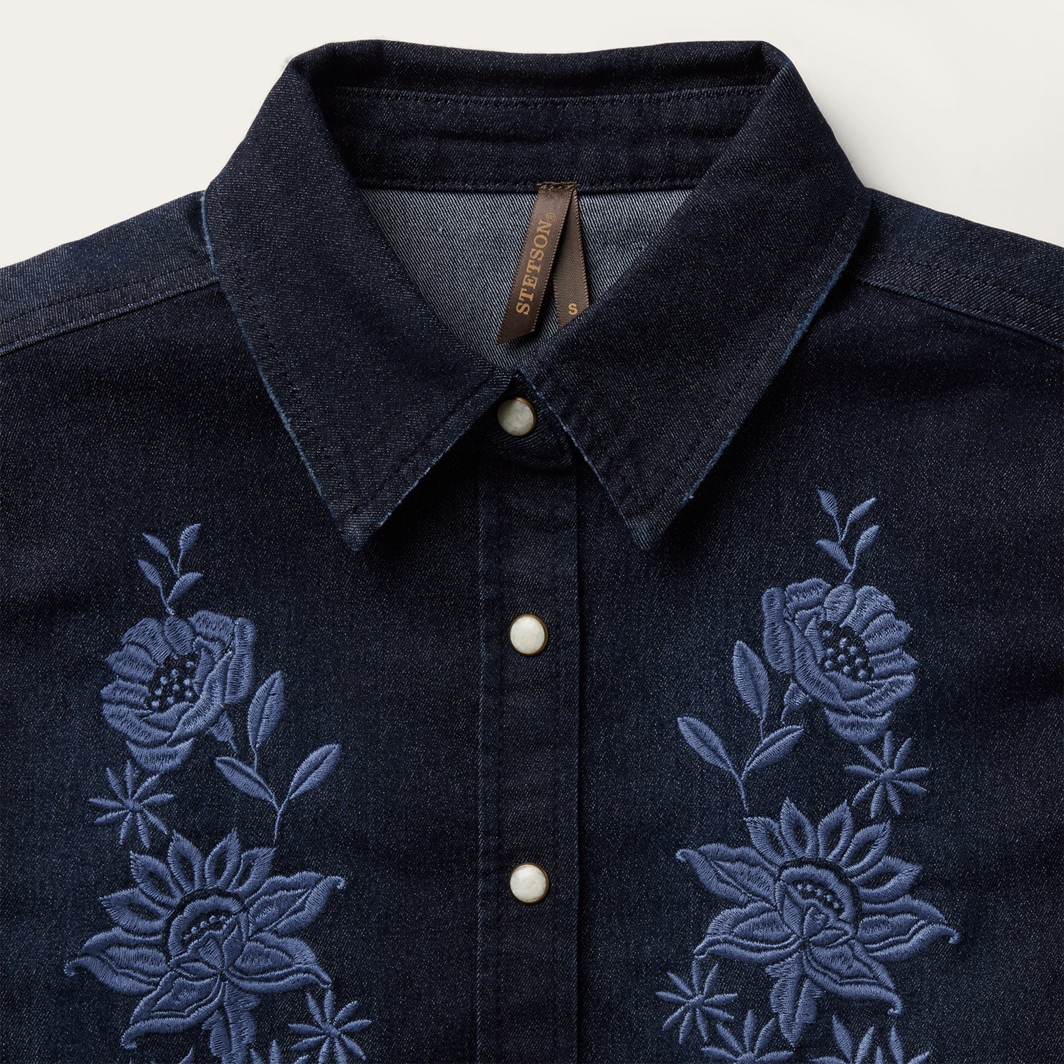 Dark Denim Snap Front Shirt with Embroidered Detail