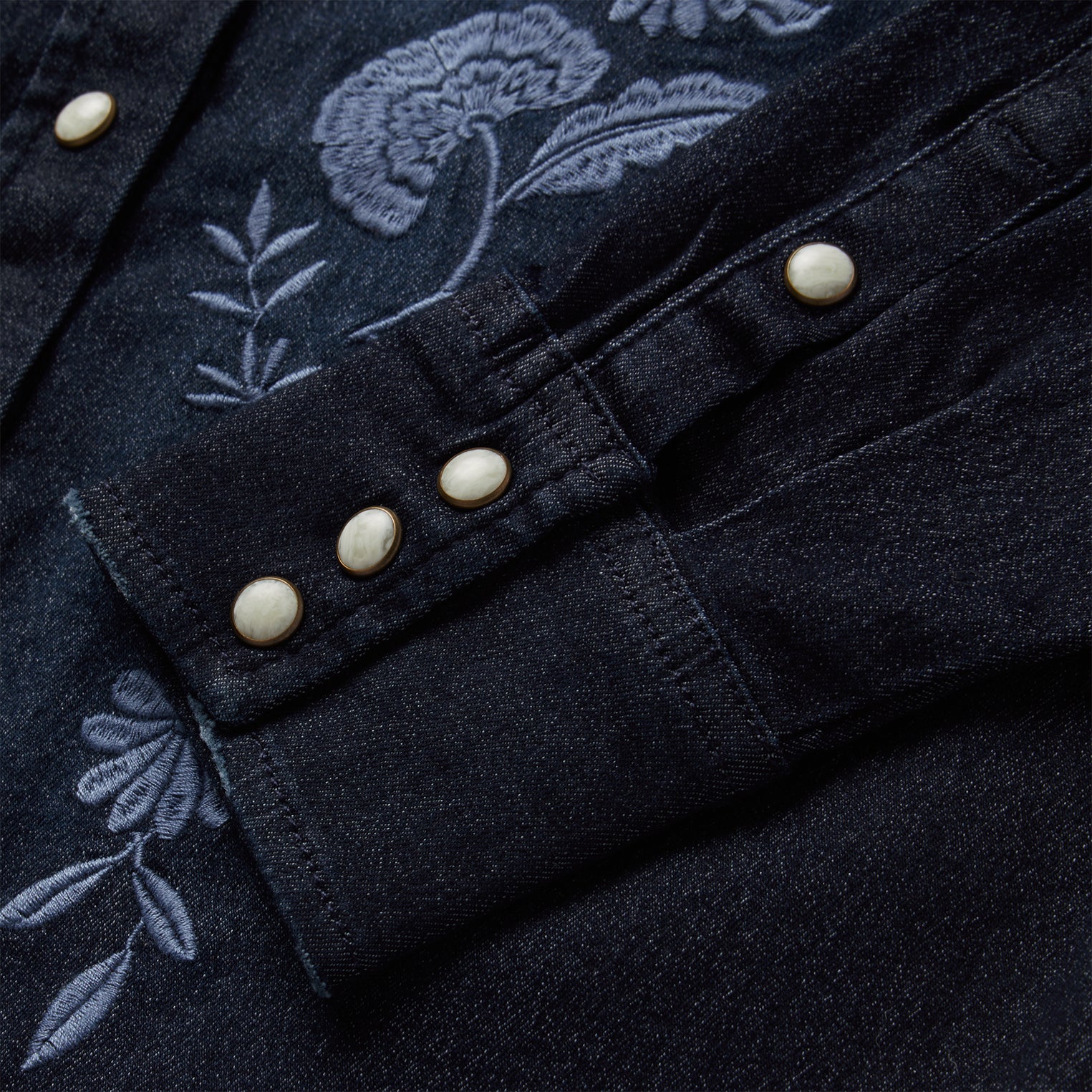 Dark Denim Snap Front Shirt with Embroidered Detail