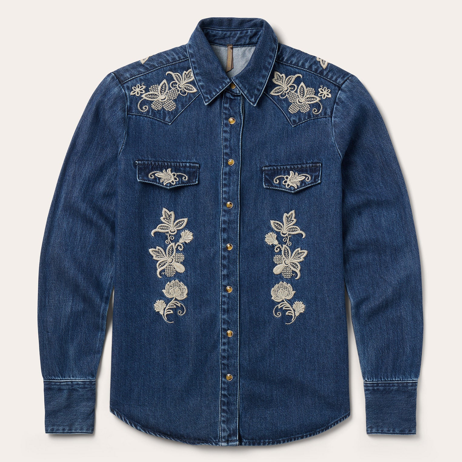 Dark Denim Shirt with Floral Embroidery