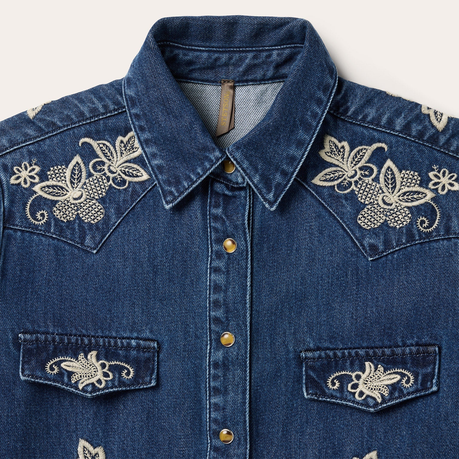 Dark Denim Shirt with Floral Embroidery