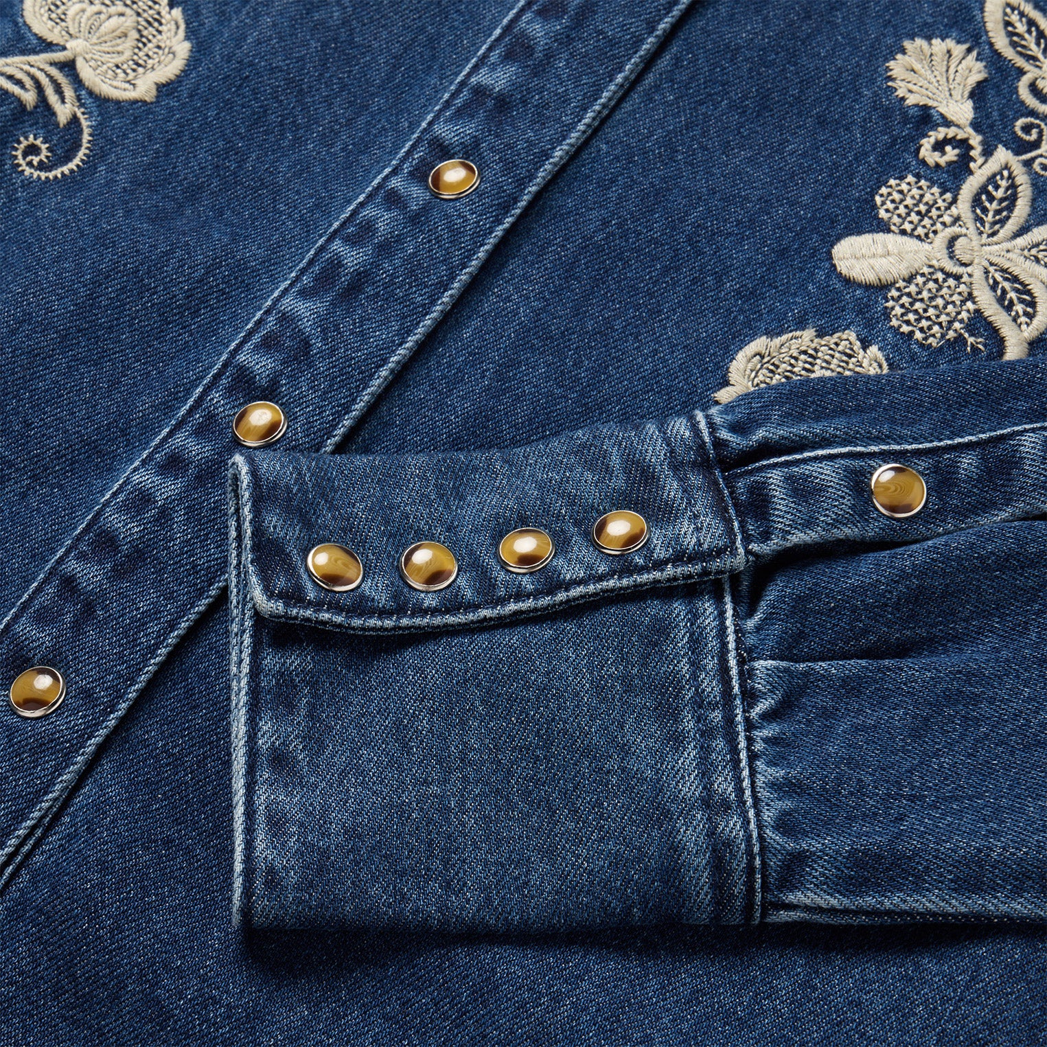 Dark Denim Shirt with Floral Embroidery