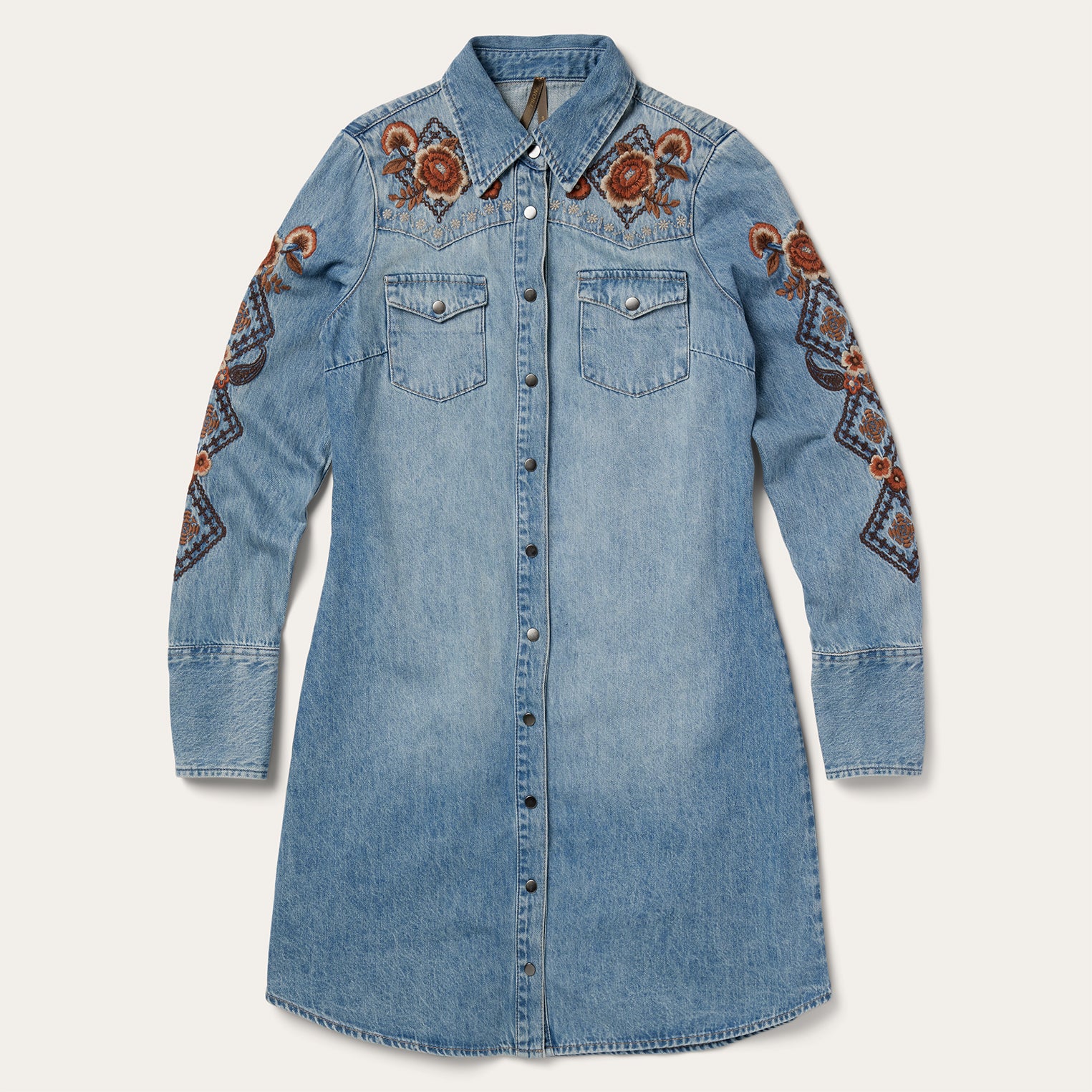Stylish Denim Shirt Dress with Floral Embroidery